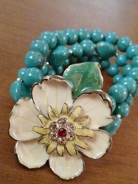Women’s Floral Enamel & Beaded Stretch Bracelet - Green Turquiose Colored